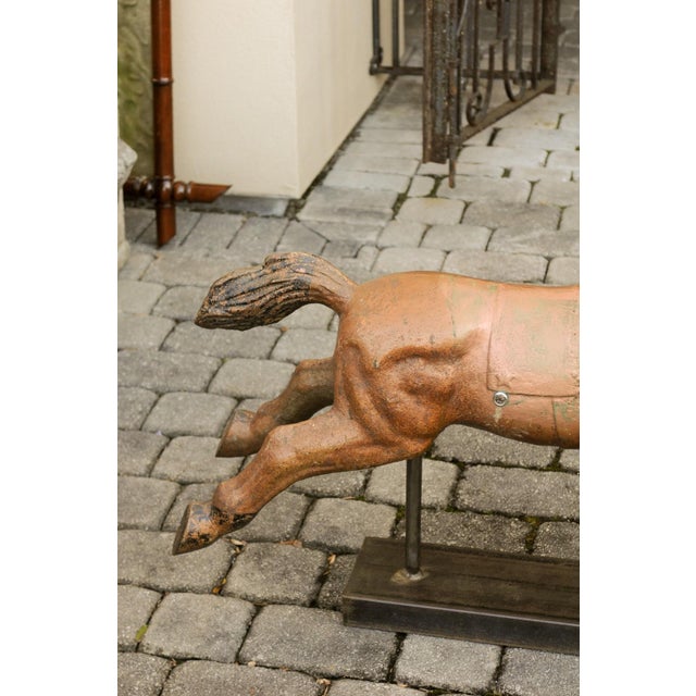 Vintage 1940s Folk Art Painted Iron Child Riding Horse Mounted on Custom Base For Sale - Image 11 of 12