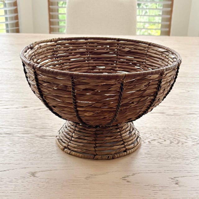 Wood Vintage 2pc Woven Baskets 21” XL Woven & Pedestal For Sale - Image 7 of 9