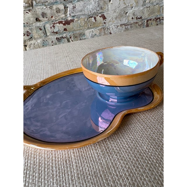 Charming and uncommon antique Japanese lusterware demitasse cup with matching serving tray, featuring a beautiful...