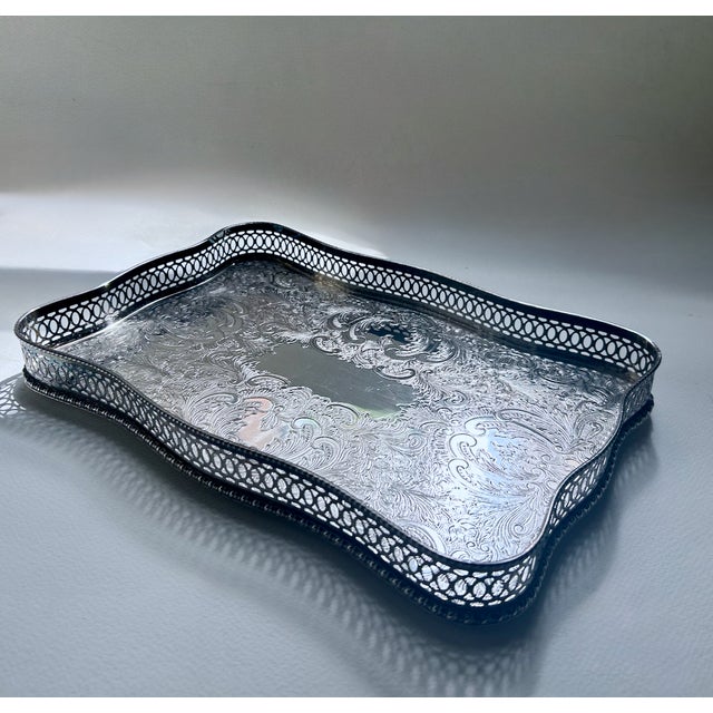 Silver Vintage Sheffield England Rimmed Silver Plated Copper Tray For Sale - Image 8 of 18