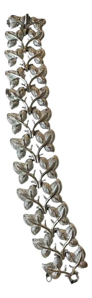 1950s Vintage Coro Silvertone Textured Leaf Link Wide Bracelet