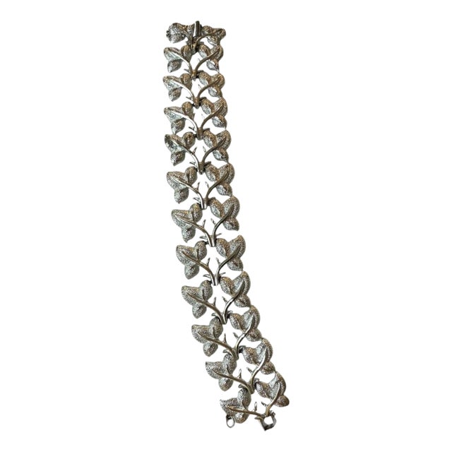 Coro Silvertone Textured Leaf Link Wide Bracelet For Sale