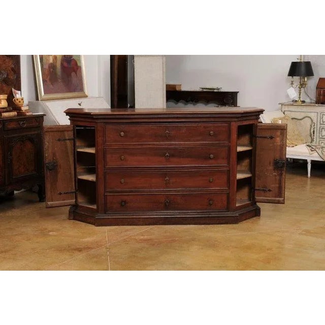 17th Century Italian Walnut Dresser with Four Drawers and Canted Lateral Doors For Sale - Image 4 of 13