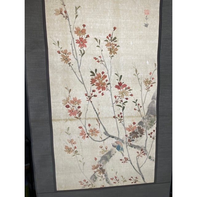 Blue Bird & Cherry Blossoms, Japanese Hand-Painted Silk Kakejiku (Hanging Scroll), Early 20th C.entury For Sale - Image 10 of 11