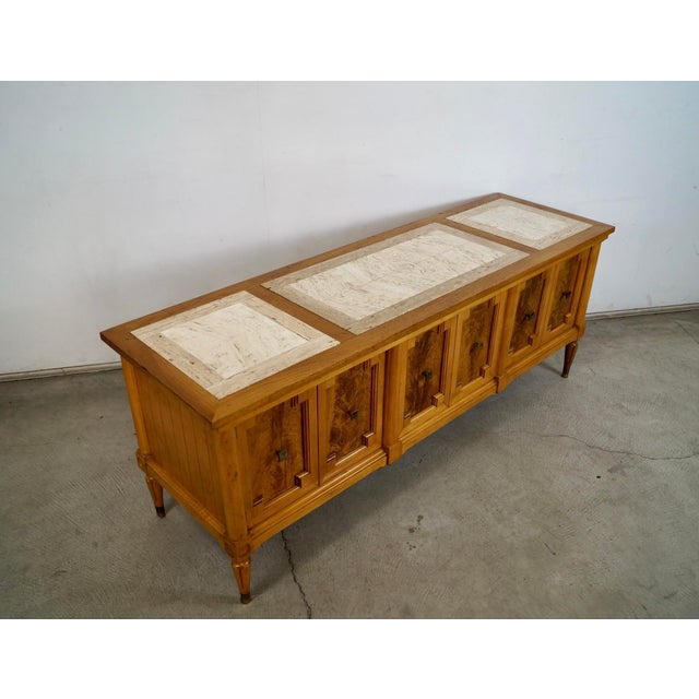 Mid-Century Modern 1960’s Hollywood Regency Burl Wood & Travertine Credenza / Low Console Table For Sale - Image 3 of 12