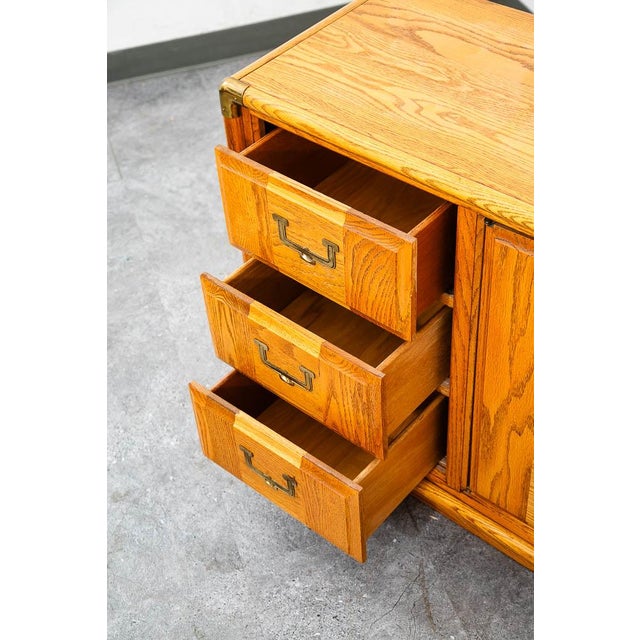 Mid Century Modern Credenza Dresser Cabinet Solid Oak 3 Drawer Wood Brass Trim For Sale - Image 9 of 12