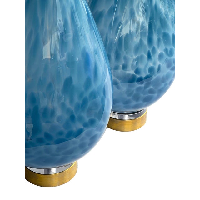 Modern Pair of Hand-Blown Mottled Blue Art Glass Teardrop-Form Lamps For Sale - Image 3 of 7
