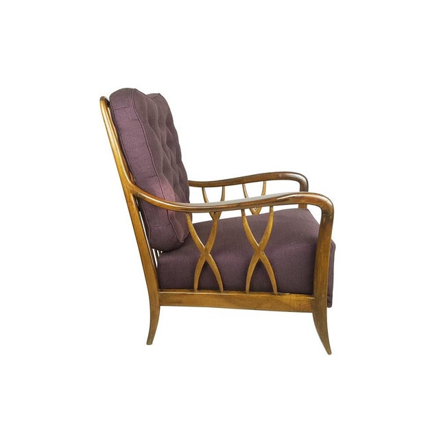 1950s Wood & Purple Fabric Armchair attributed to Paolo Buffa, 1950s For Sale - Image 5 of 12