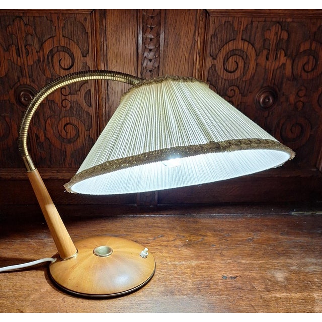 Brown Mid-Century Adjustable Walnut Table Lamp with Brass Fittings and Fabric Shade from Temde, 1960s For Sale - Image 8 of 8