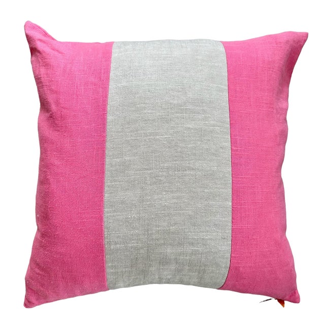 Beautiful linen pillow, in a gorgeous pink hue accented by a bold natural linen center stripe. Knife edge and hidden...