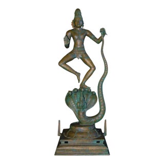 Mid Century Indian Chola Style Bronze Metal Krishna Dance Snake Tandava Tall Large Antique Statue Figure For Sale