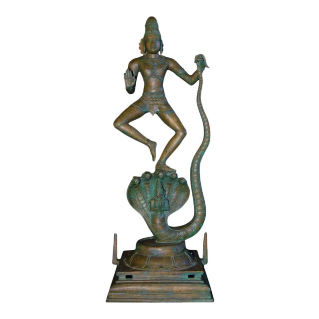 Mid Century Indian Chola Style Bronze Metal Krishna Dance Snake Tandava Tall Large Antique Statue Figure For Sale