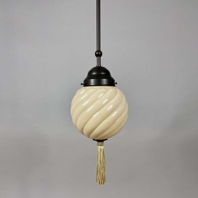 Art Deco Opaline Glass and Burnished Brass Pendants, Germany 1930s, Set of 2 For Sale - Image 6 of 17