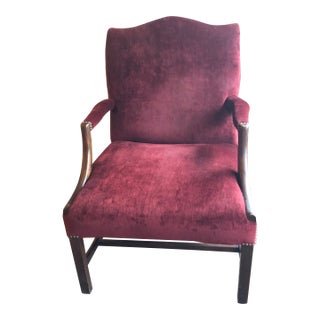 Large Plush Burgundy Velvet & Mahogany Martha Washington Club Chair For Sale