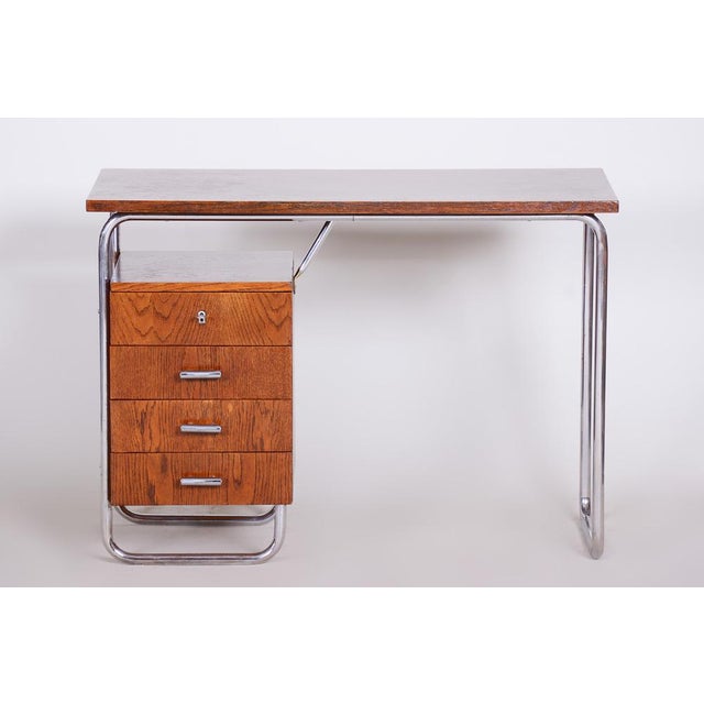 Bauhaus Bauhaus Writing Desk in Oak and Chrome by R. Slezák, Czech, 1930s For Sale - Image 3 of 14
