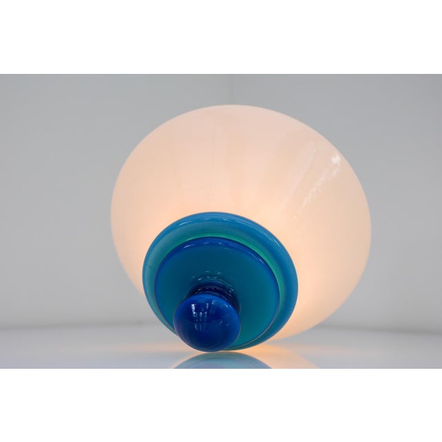 Mid-Century Modern Scandinavian Art Deco Milk Glass Pendant Light with Azure Blue Details, 1930s For Sale - Image 3 of 17