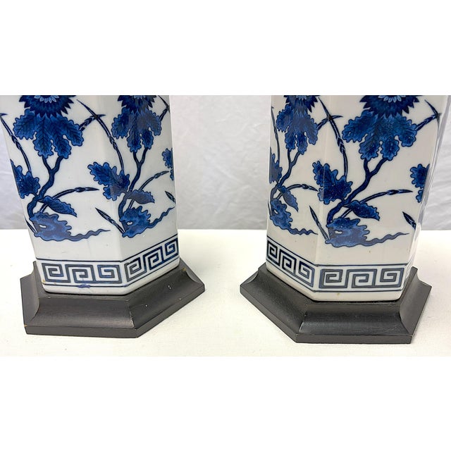 Vintage Mid Century Blue and White Ceramic Hexagon Shaped Table Lamps- A Pair For Sale - Image 14 of 17