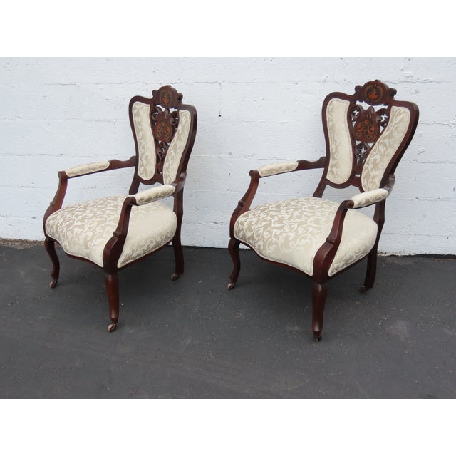 Victorian Late 1880s Carved Inlay Side Chairs a Pair 6643 For Sale - Image 15 of 17