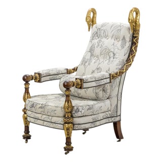 Huge Palace Throne Arm Chair W Carved Swan Head Finials on Block & Ball Arm Rests & Leg For Sale