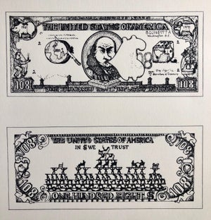Oyvind Fahlstrom, 1960's Pop Art Silkscreen Print 108$ Bill Inflation Hand Signed and Numbered, 1973