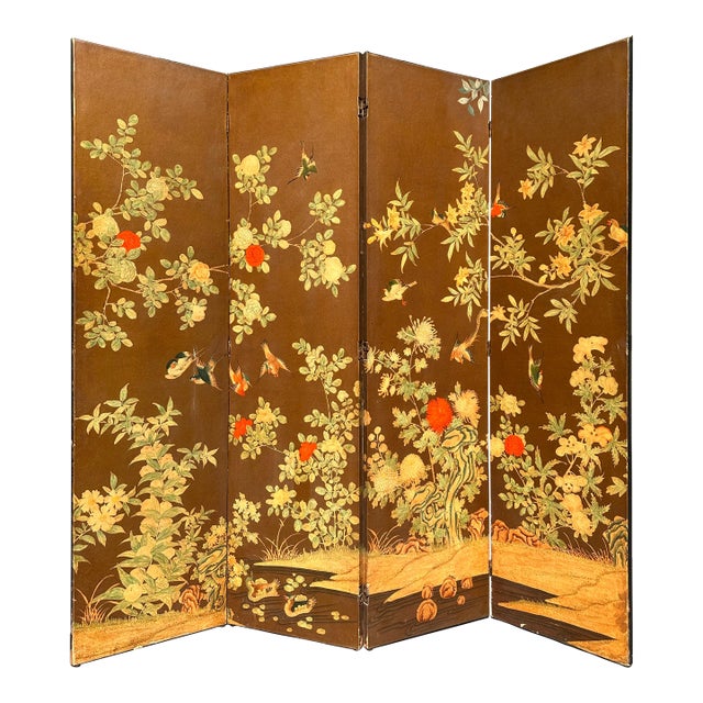 Antique Chinese Qing Dynasty Hand-Painted Silk Wallpaper Folding Screen – 4 Panel Chinoiserie For Sale