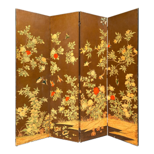 Antique Chinese Qing Dynasty Hand-Painted Silk Wallpaper Folding Screen – 4 Panel Chinoiserie