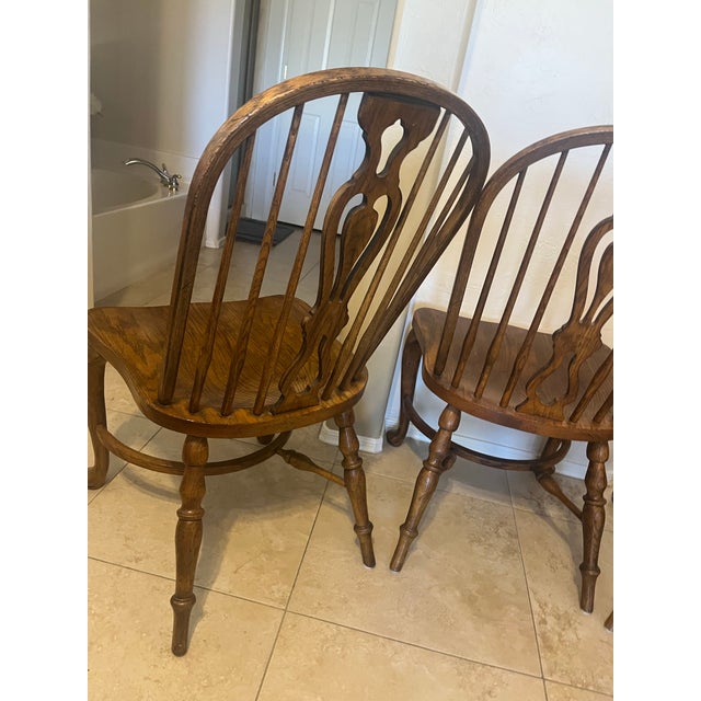 Late 20th Century Set of 3 Solid Oak Rustic Americana Bowback Windsor Dining Side Chairs For Sale - Image 9 of 12