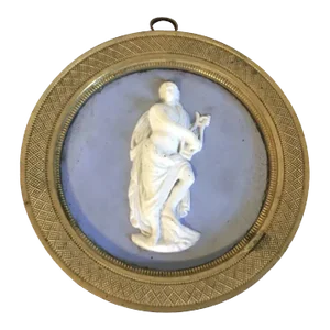 Antique 19th Century English Regency Wedgwood Jasperware Neoclassical Round Plaque of Apollo in Bronze Frame