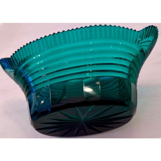 French Art Deco Teal Blue-Green Cut Glass Centerpiece Bowl, Circa 1920's For Sale - Image 15 of 16
