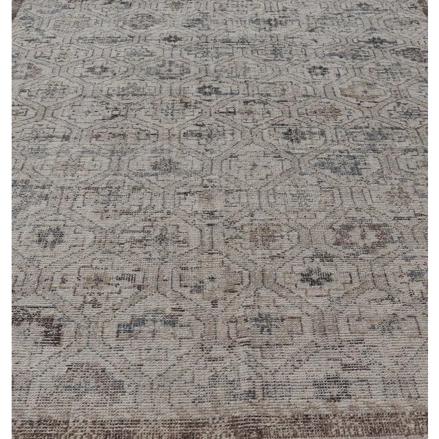 Modern Hand-Knotted Oushak Distressed Rug With Sub-Geometric Design in Brown and Blue For Sale - Image 9 of 13