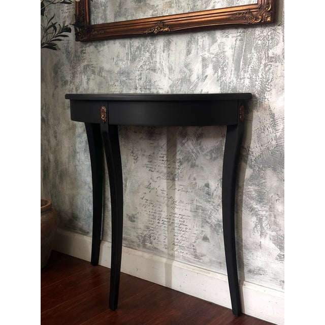 Wood Ethan Allen Demilune Console Table, Hand Refinished, Matte Black, Dark Romance For Sale - Image 7 of 8