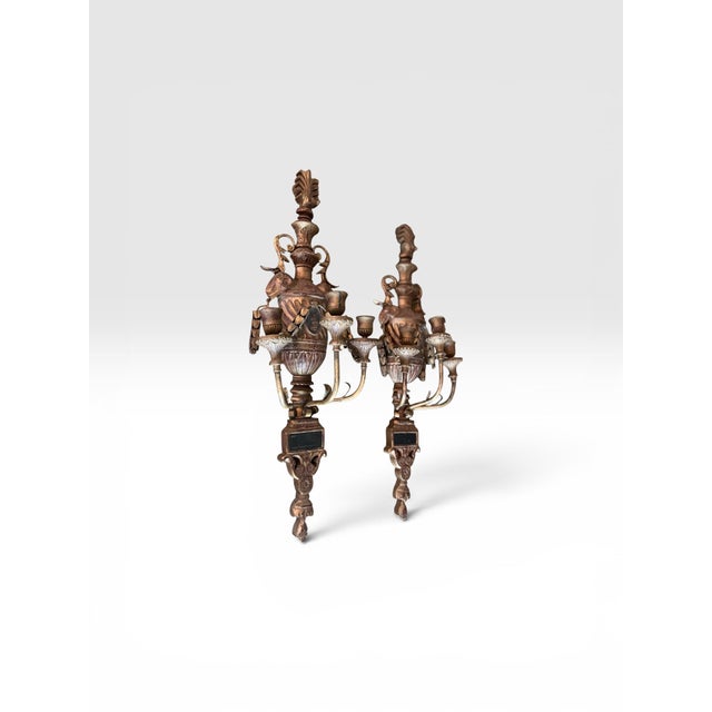 1960s Pair of Monumental 31” Italian Rococo Revival Carved Wood & Metal Wall Sconces For Sale - Image 4 of 12