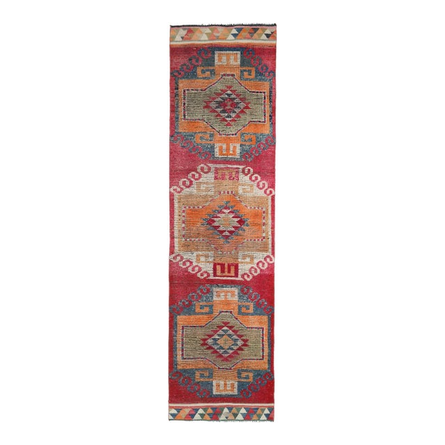 Vintage Turkish Hand-Knotted Wool Cotton Pink Runner Rug For Sale