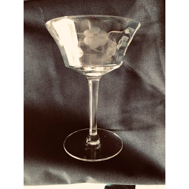 Vintage Set of 4 clear floral etched glass stemware 3.75" D X 5.25"H, No makers mark , they are in excellent condition.