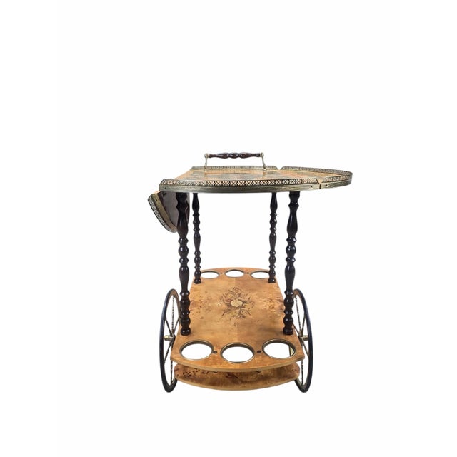 Hollywood Regency Vintage Italian Burl Marquetry Tea Bar Cart For Sale - Image 3 of 12