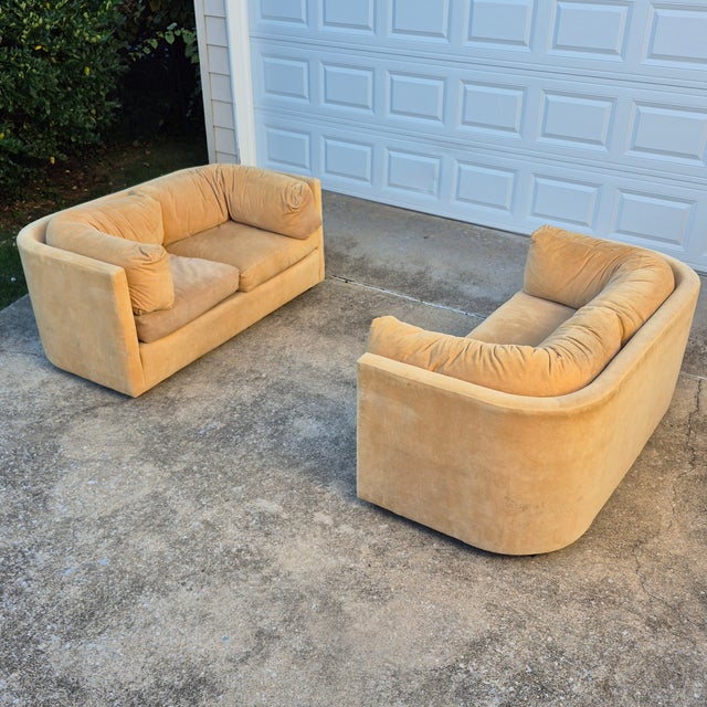 Pair of 1980s John Mascheroni for Swaim Postmodern Curved Back Playpen Style Love Seats For Sale - Image 15 of 16