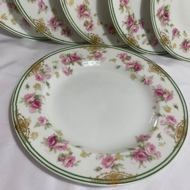 Early 20th Century Theadore Haviland Limoges France Pink Roses With Th Gold Swag and Green Rim - Set of 6 For Sale In Chicago - Image 6 of 9