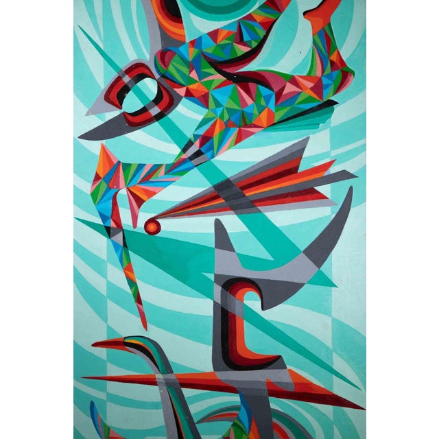 Abstract composition is an artwork realized byLeo Guida, in 1970s. Mixed media painting. 153 x 77 cm; framed. Good...