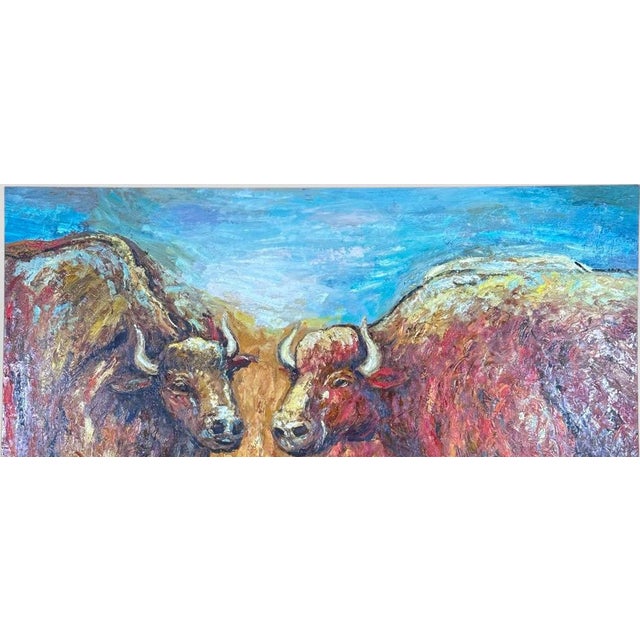 Late 20th Century Oversized Mid-Century Western Expressionist Bison Buffalo Original Impasto Oil Painting Gallery Wrap Canvas For Sale - Image 4 of 12