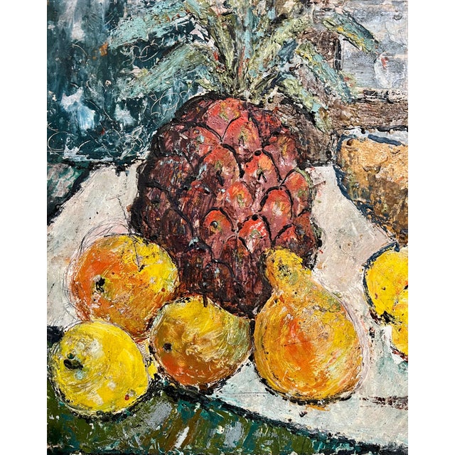 Yellow Enid Munroe, Enid Munroe Mid Century Modernist Oil Painting Still Life with Fruit and Bread For Sale - Image 8 of 9