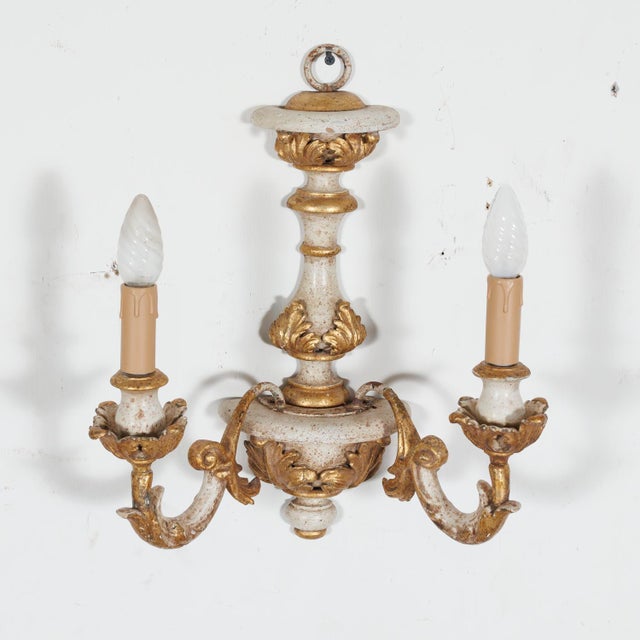 1940s Vintage 20th Century Pair Italian Painted and Parcel Gilt Hand Carved Wooden 2-Light Sconces For Sale - Image 5 of 10