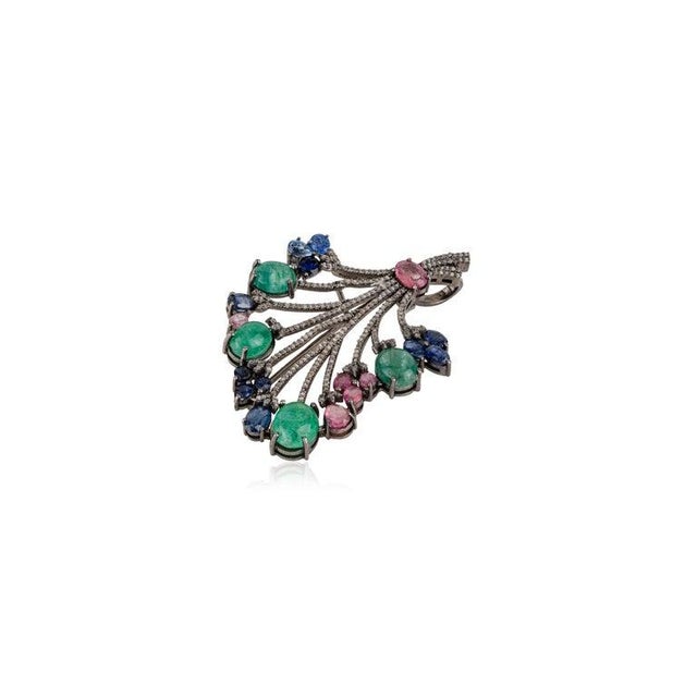 Art Nouveau Floral Bouquet Emerald Sapphire Tourmaline Brooch Pendant in Diamonds- Gifts for Women For Sale - Image 3 of 12
