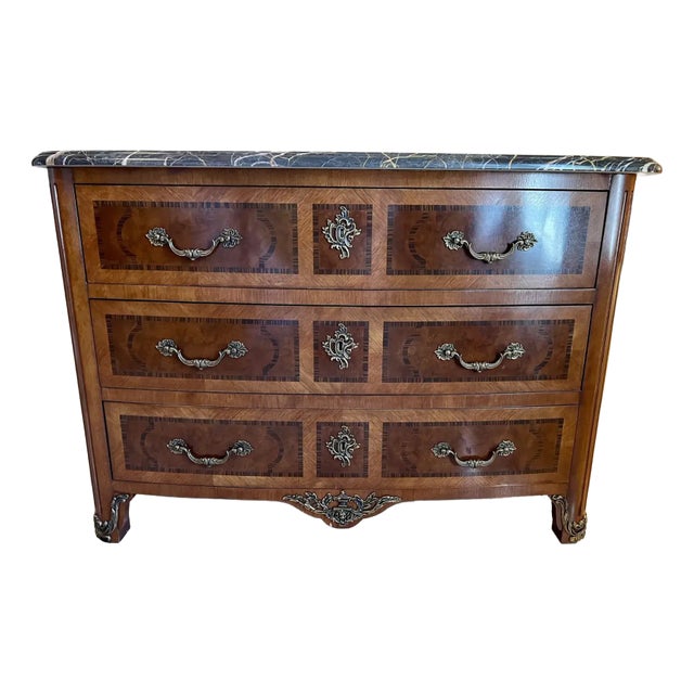 Late 20th Century Henredon French Louis XV Style Marble Top Chest Commode For Sale