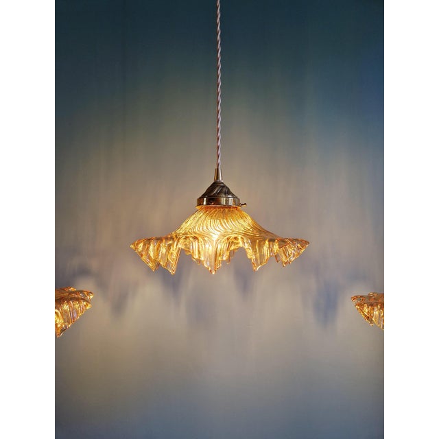Amber-Colored Pleated Glass Pendant Lights, 1930s, Set of 3 For Sale - Image 4 of 18