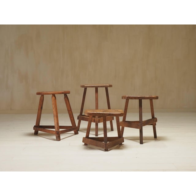 A wonderful set of antique oak cutler’s stools. Great sculptural form and practical. Height: 56 cm, 49 cm, 45 cm and 34 cm...