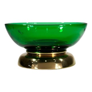 Vintage Mid Century Modern Green Glass Bowl With Gold Base For Sale