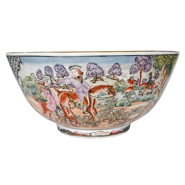 Chinoiserie Late 20th Century Chinoiserie Porcelain Fox Hunt Punch Bowl With Carved Wood Stand For Sale - Image 3 of 8