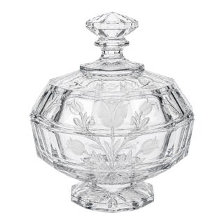 Vintage Etched Crystal Pedestal Candy Dish With Lid | Floral Rose Motif | Elegant Vanity Jar For Sale