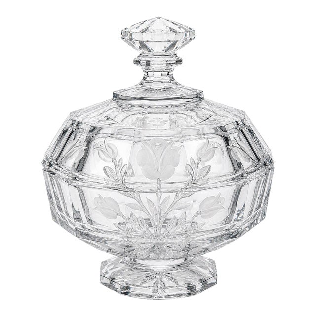 Vintage Etched Crystal Pedestal Candy Dish With Lid | Floral Rose Motif | Elegant Vanity Jar For Sale