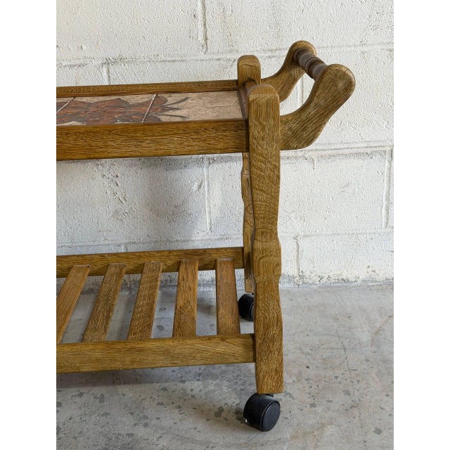 Vintage Danish Oak Bar Cart Tea Trolley With Ceramic Tile Top Mid Century Modern For Sale In Los Angeles - Image 6 of 10